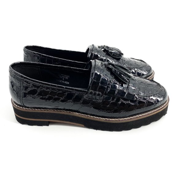 ASOS DESIGN Croc Meze Chunky Fringed Patent Leather Loafers - Picture 10 of 16